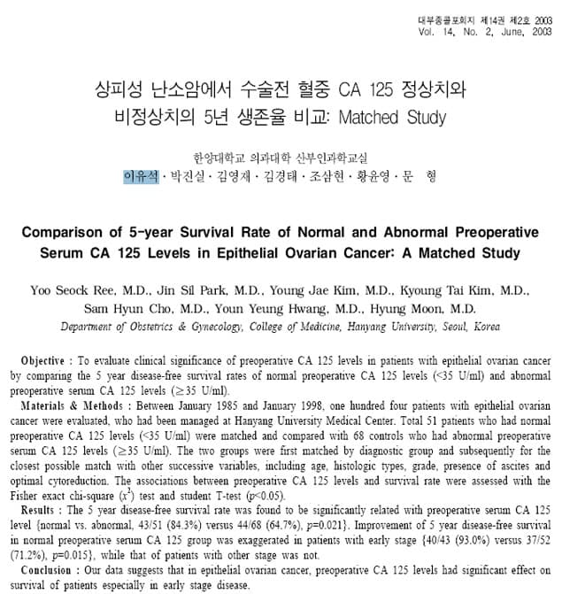 2008년 논문: 상피성 난소암 5년 생존율 비교 연구